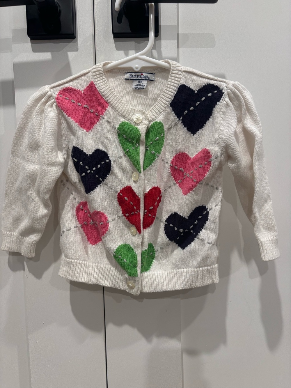 Hartstrings White Cardigan with Pink, Navy, Red & Green Hearts